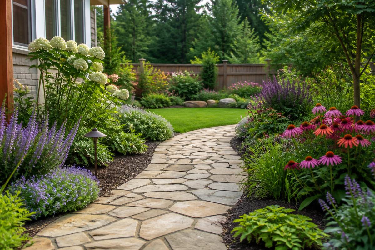 Natural stone garden walkway through flowering perennial beds