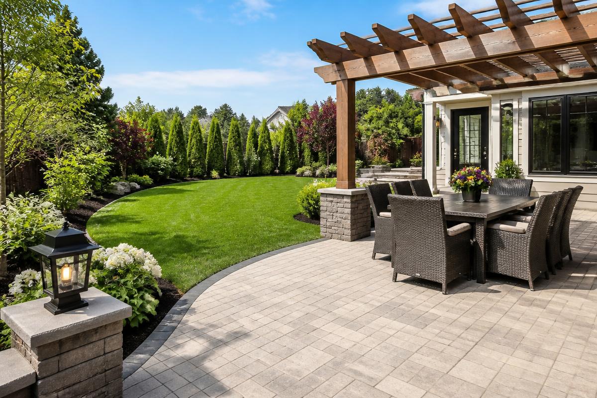 Luxury paver patio with pergola, dining set and manicured lawn