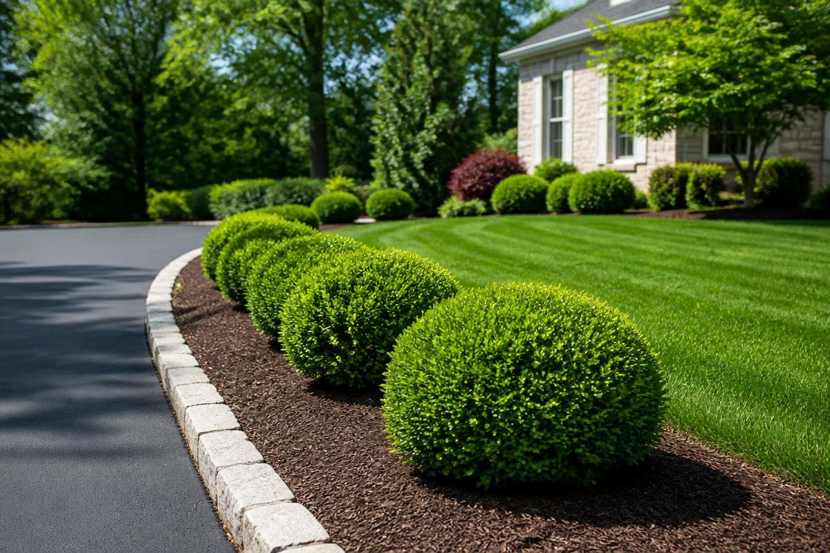 Mulched garden beds with trimmed boxwood shrubs and stone edging