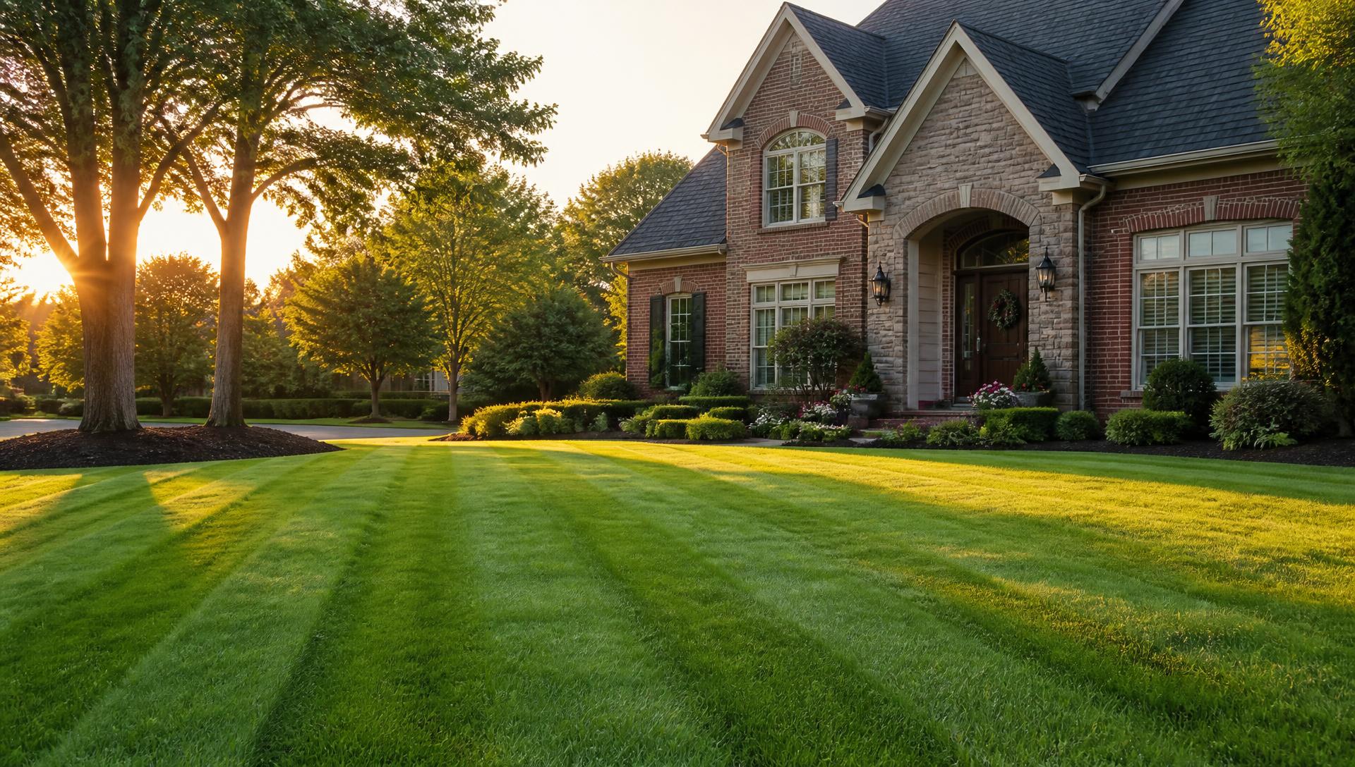 Premium landscaping with manicured lawn, stone retaining wall and paver walkway